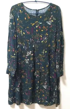 【訳あり】花柄 グリーン 長袖 ひざ丈ワンピース M
