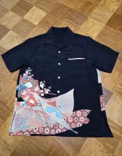め0639着物リメイク正絹黒留袖江戸褄豊臣系五三桐百花菊アロハシャツハンドメイド め0639着物リメイク正絹黒留袖江戸褄豊臣系五三桐百花菊アロハシャツ