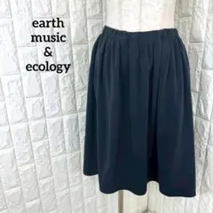 earthmusic&ecology 膝丈 フレアスカート ネイビー 洗える F