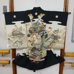 正絹　お宮参り一つ身着物、長襦袢セット　男の子　黒　兜柄