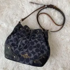 極美品　コーチ　ショルダーバッグ　巾着　シグネチャー　デニム　インディゴブルー