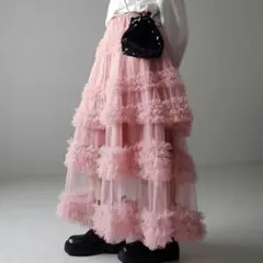 シアーフリルレイヤードボリュームチュールスカート ピンク