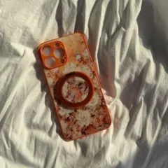 新品未使用 iPhone15promax 花柄 オレンジ マグネットリング付き