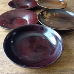 漆器 銘々皿 5枚セット 溜塗 草花蒔絵