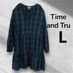 Time and Tru チェック柄 ティアード シャツワンピース 緑 L