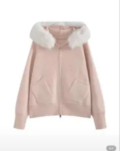 ファーカラー付きフーデッドニットカーディガン ピンク SHEIN