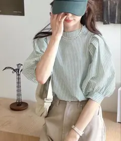 美品　クラシカルエルフ　パワショル　サッカー生地　トップス　ストライプ　ブラウス