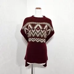 GRL ノルディック柄ニットワンピース ボルドー系 ウエストリボン 秋冬かわいい