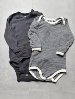 プチバトー H&M 長袖ロンパース 2点セット ダークグレー・ストライプ