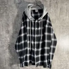 フード付きチェックシャツ ビッグシルエット レイヤード風 韓国系Y2K サイズL