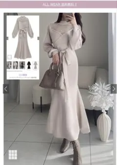 GRLレースドッキングニットワンピース[dr752] ベージュリボン付き