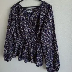 ネイビー 花柄 長袖ブラウス　ウエスト絞り　Honeys