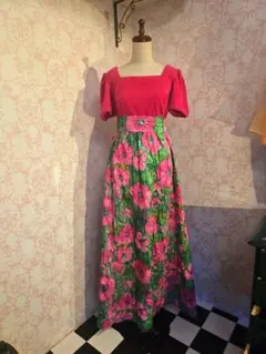 ヴィンテージワンピースヨーロッパフランスロングフラワーフレアスカートパフスリーブ