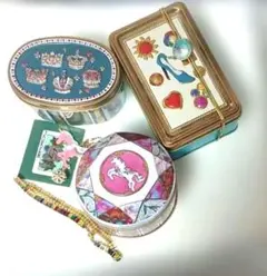 【青山デカーボ】空缶3点(ネコのトランプ２,ユニコーン、ボタン缶)&缶用チェーン