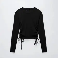 ギャザーリブ地トップス（長袖）S ブラック ZARA