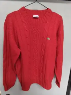 『LACOSTE』 ケーブルニット レッドセーター ■サイズL