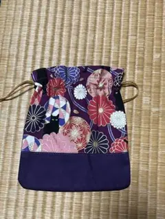 手作り:和柄 巾着袋 猫柄 花柄 紫色 小物入れ