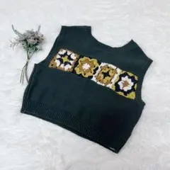 ニコアンド niko and... モチーフ編み ニットベスト グリーン F