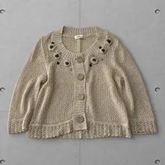 Elpolpo ざっくり編み ニットカーディガン M-L ベージュ 花モチーフ