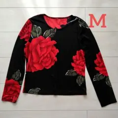 長袖　レッスンウェア 　黒　赤バラ　カットソー　社交ダンス