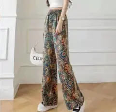 ワイドパンツ　サラテロ　サテン柄　おしゃれ　冷感素材　ストレートパンツ　ゴム