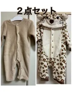 豹柄フード付きロンパース、ベージュフリースロンパース2点セット