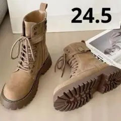 ショートブーツ 24.5 厚底 サイドジッパー フェイクスエード 編み上げ