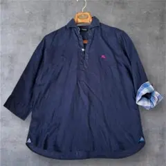 バーバリーブラックレーベル リネンシャツ 3 紺 ピンク刺繍ロゴ D1M30