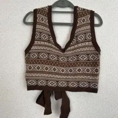 古着 ノルディック柄 ニットベスト ブラウン系
