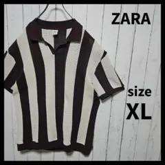 【ZARA】 スキッパーニットポロ　半袖　透かし編み　ストライプ　F915のサムネイル