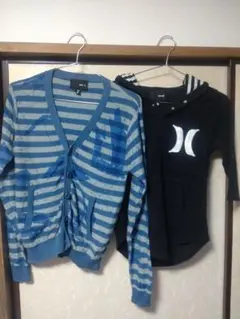 Hurley ボーダーカーディガン S 青 フード付きパーカー S 黒