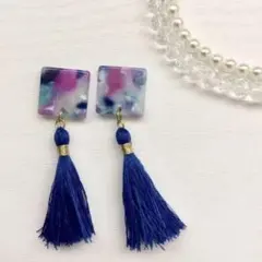 青色マーブル&ロイヤルブルータッセルピアス♬