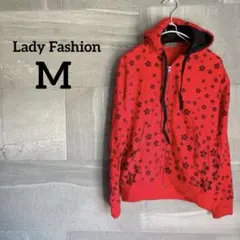 Lady Fashion 【M】 花柄レッドパーカー 長袖 フード付き ボア