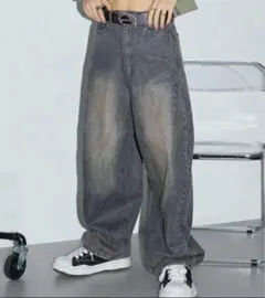 ダークグレー ワイドレッグデニムパンツ