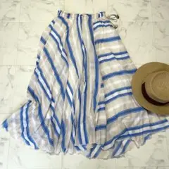 美品 ヌキテパ インド綿 ストライプ コットンボイルフレアスカート ウエストゴムのサムネイル