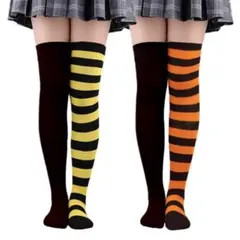 2足セット ニーハイソックス レディース 無地 & ストライプ 靴下 コスプレ