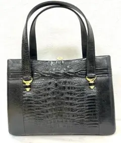 レディース クロコ調ハンドバッグ ブラック×ゴールド