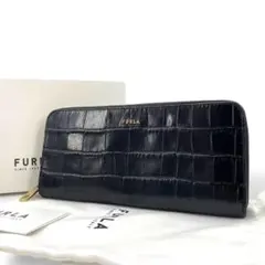 【美品】フルラ 長財布 ラウンドファスナー クロコ型押し レザー ブラック
