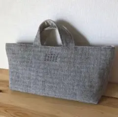 国産ヘンリボーン柄ウールリネンの横長バッグ　グレー　ハンドメイド　刺し子