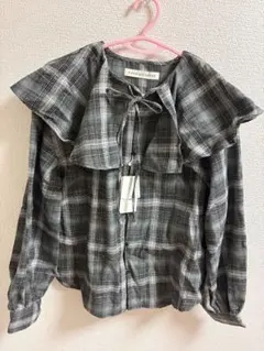 【タグ付き】 ナノユニバース フリルカラーオンブリーチェックブラウス