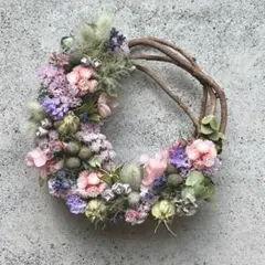 Natural＊アナベルとルリ玉アザミのグリーンリース＊ドライフラワー
