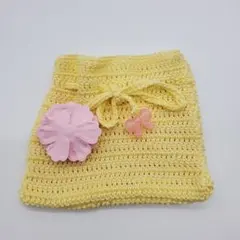 ハンドメイド レース編み 巾着袋 イエロー ピンク 花 ループエンド 119