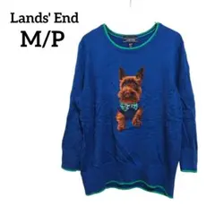 美品✨Lands' End 【M/P】 犬刺繍　コットンニット　ドッグ　ブルー