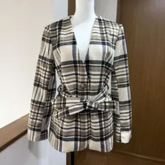 H&M チェック柄ノーカラーベルテッドジャケット XS