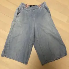 デニムブルー リボン付きワイドパンツ