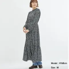 フラワープリントスタンドカラーワンピース(長袖)