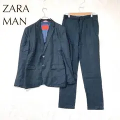ザラマン セットアップ（L）リネン混 ストレッチ 黒 無地 シングルスーツ