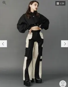 EVRIS ブラック/ベージュ パッチワーク パンツ S