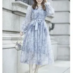 トッコクローゼット　ウエストりぼん付きクラシカルプリントチュールワンピース