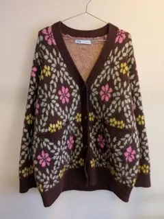 ZARA 花柄 ニットカーディガン ブラウン S